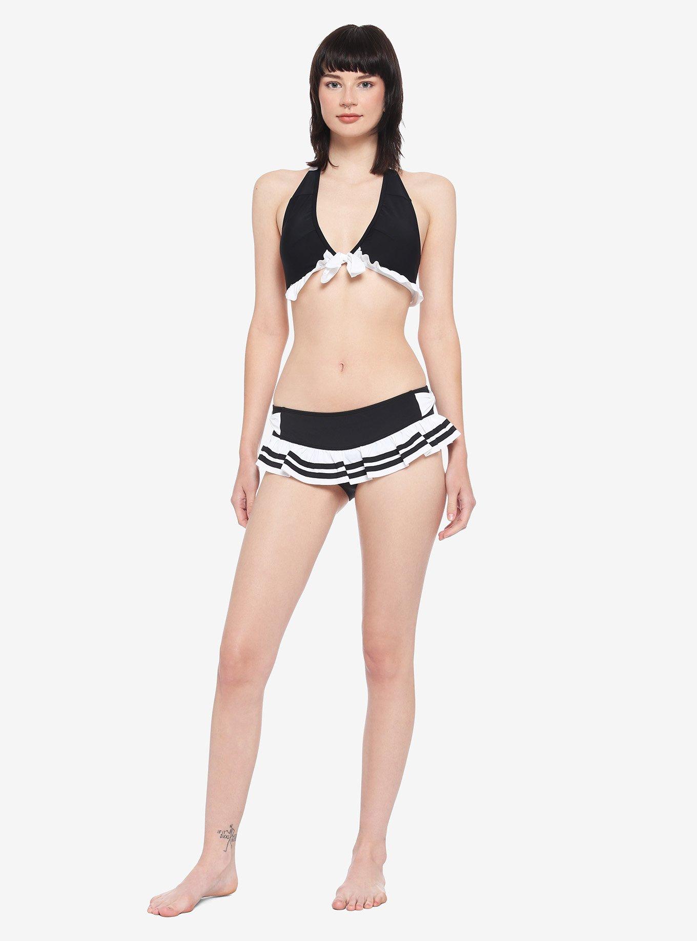 Black & White Stripe Bow Skirted Swim Bottoms, WHITE, alternate