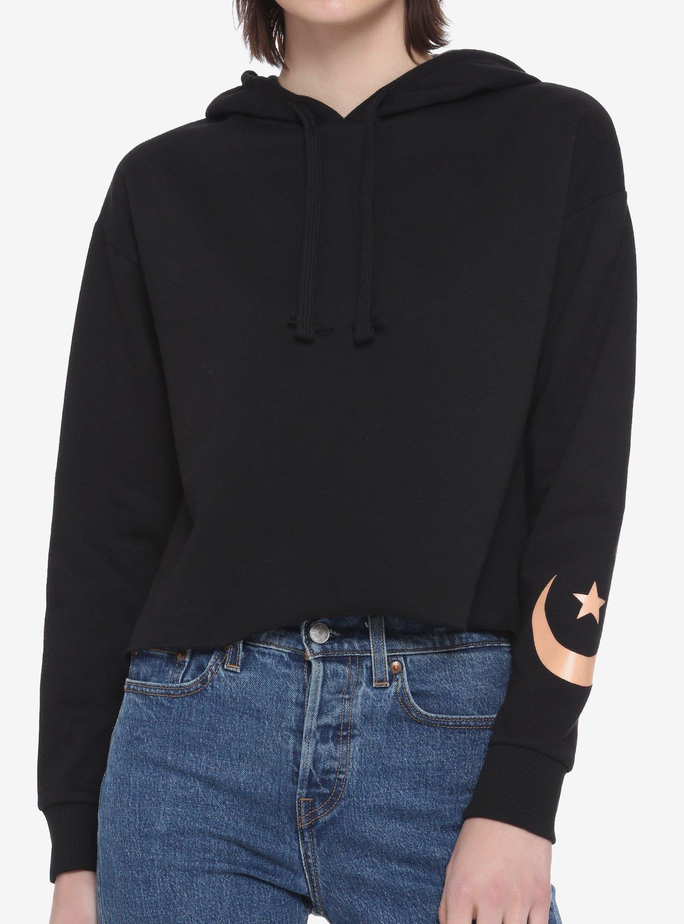 Ombre Death Moth Geometric Girls Crop Hoodie, BLACK, alternate