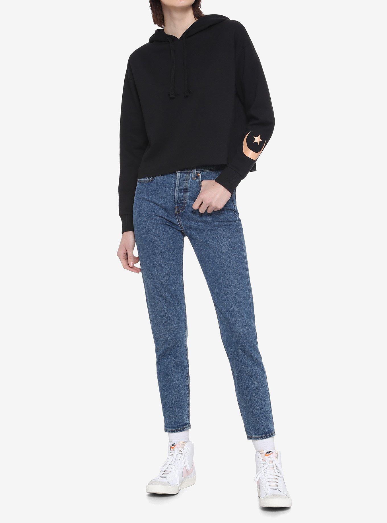 Ombre Death Moth Geometric Girls Crop Hoodie, BLACK, alternate
