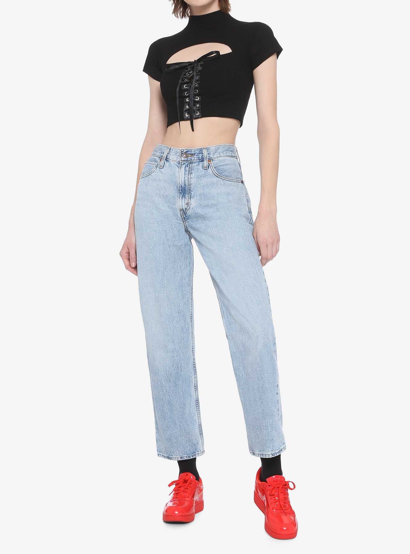 Black Lace-Up Cutout Mock Neck Girls Crop Top, , hi-res