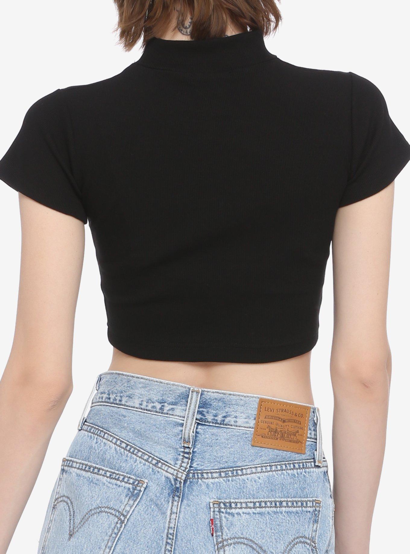 Black Lace-Up Cutout Mock Neck Girls Crop Top, BLACK, alternate