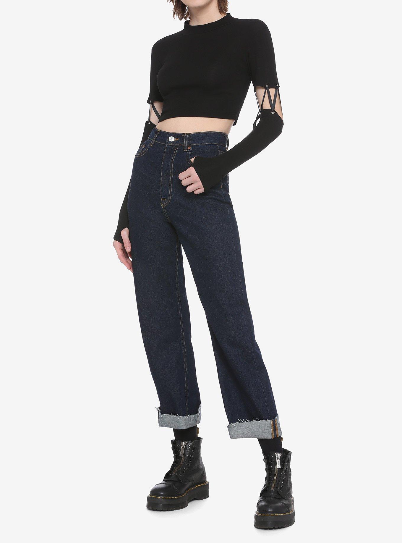Black Mock Neck Lace-Up Sleeve Girls Long-Sleeve Crop Top, BLACK, alternate