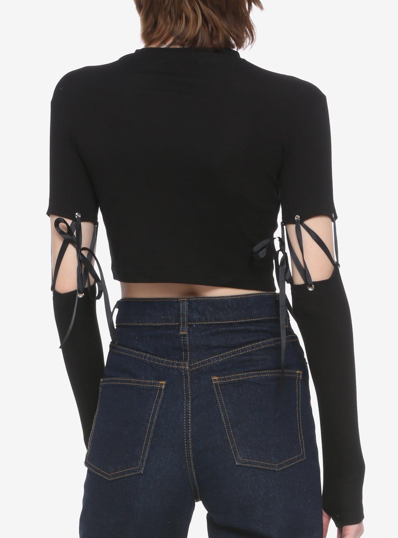 Black Mock Neck Lace-Up Sleeve Girls Long-Sleeve Crop Top, BLACK, alternate