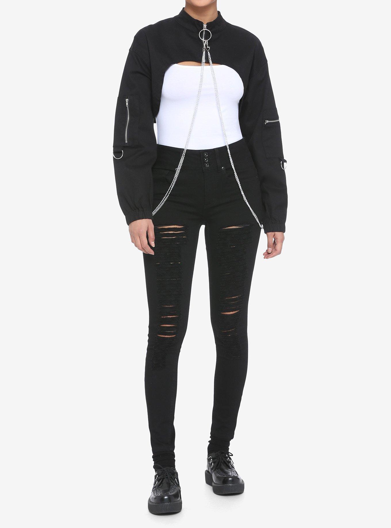 Black O-Ring & Chains Girls Crop Jacket, BLACK, alternate