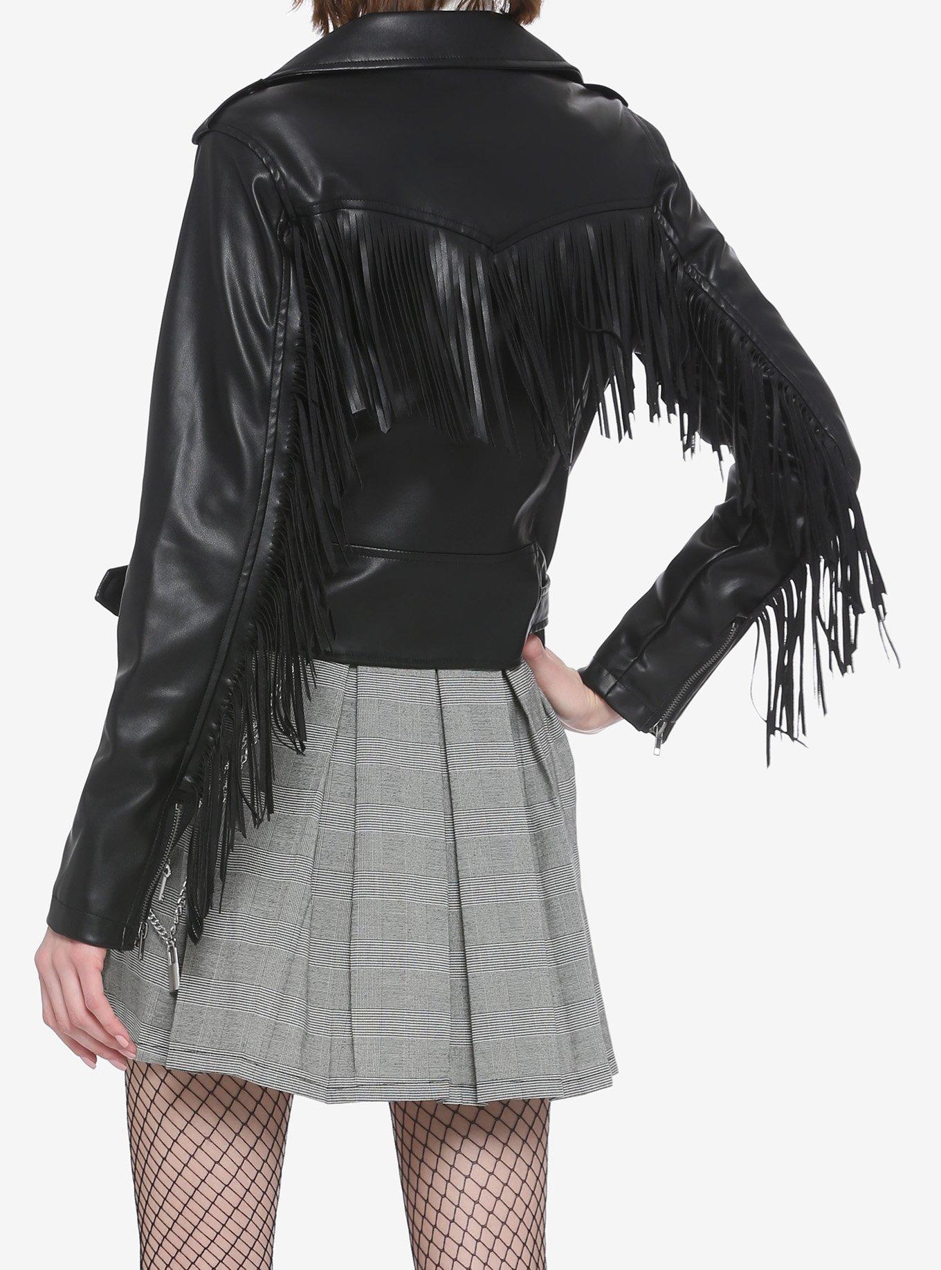 Black Fringe Moto Girls Faux Leather Jacket, BLACK, alternate