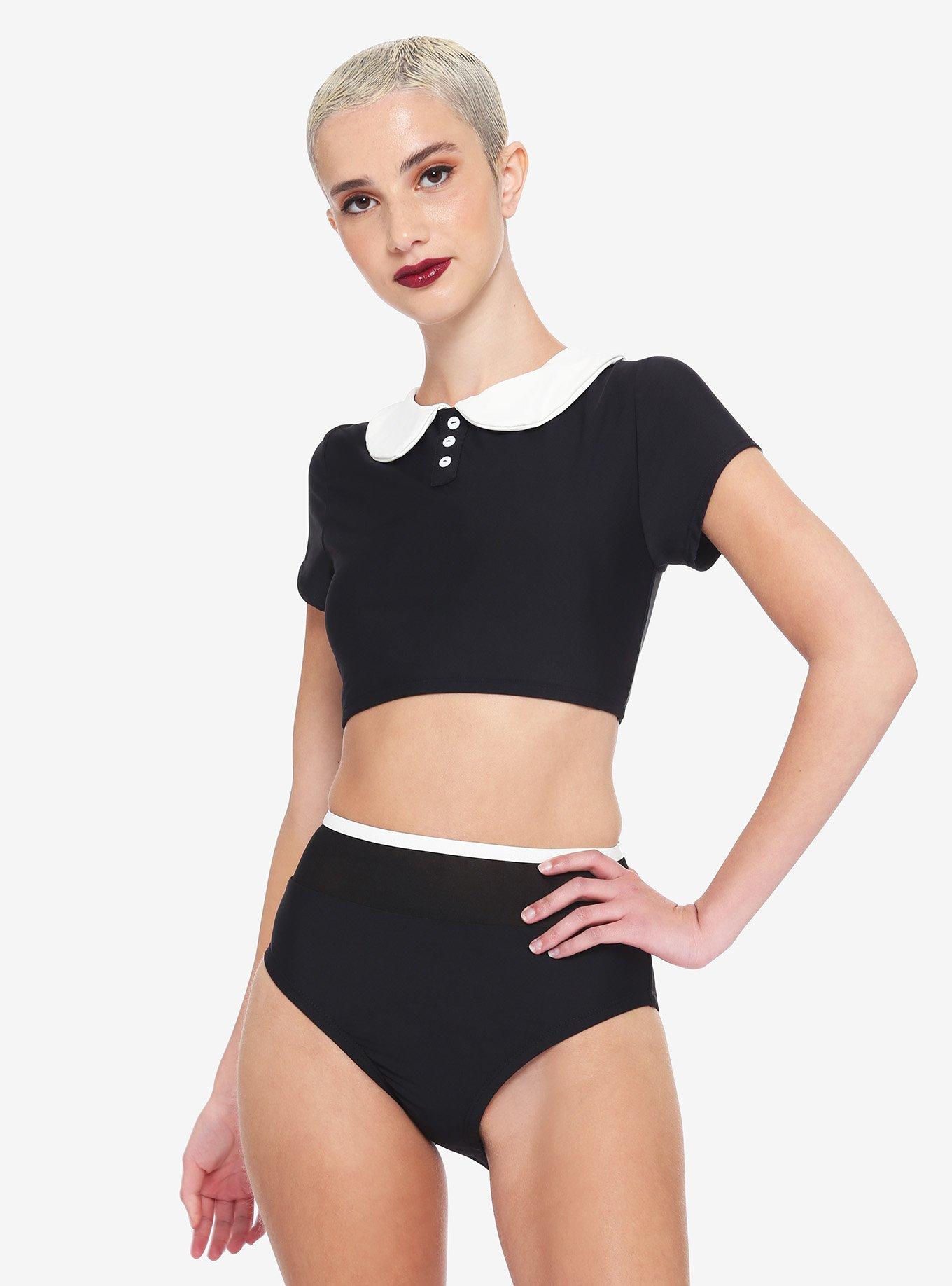 White Collar Buttons Black Swim Top, WHITE, alternate