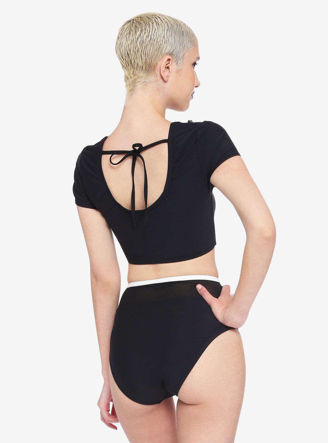 White Collar Buttons Black Swim Top, WHITE, alternate