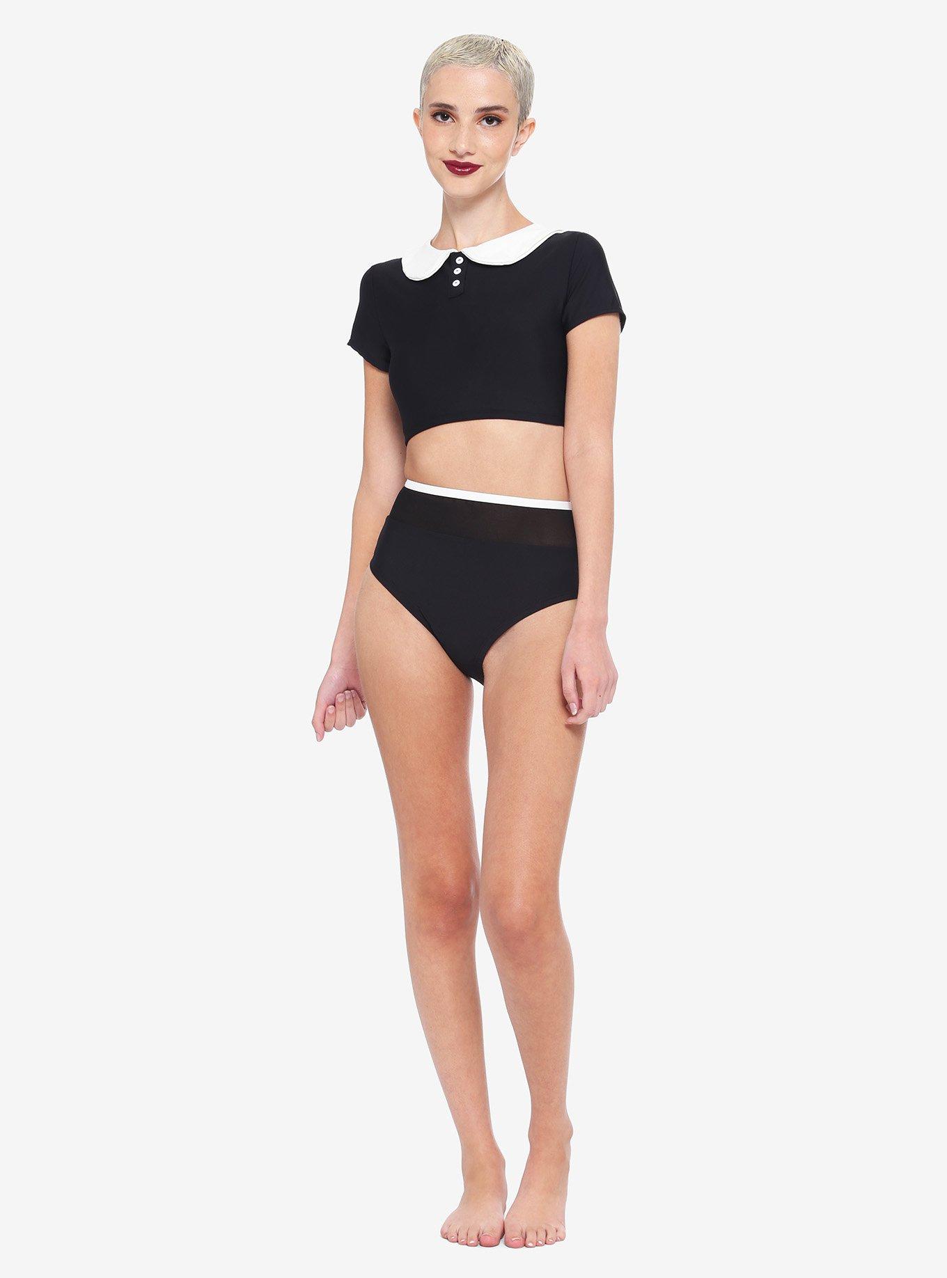 White Collar Buttons Black Swim Top, WHITE, alternate
