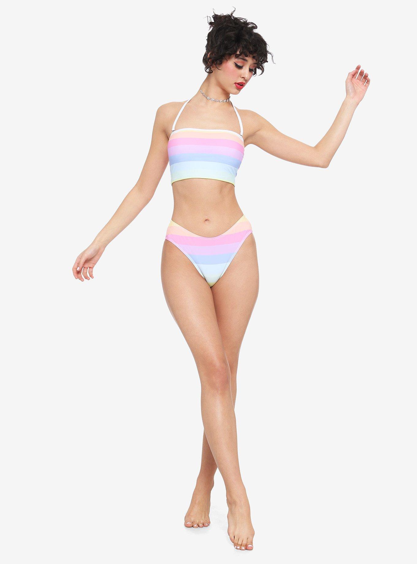 Pastel Rainbow Bandeau Halter Swim Top, MULTI, alternate