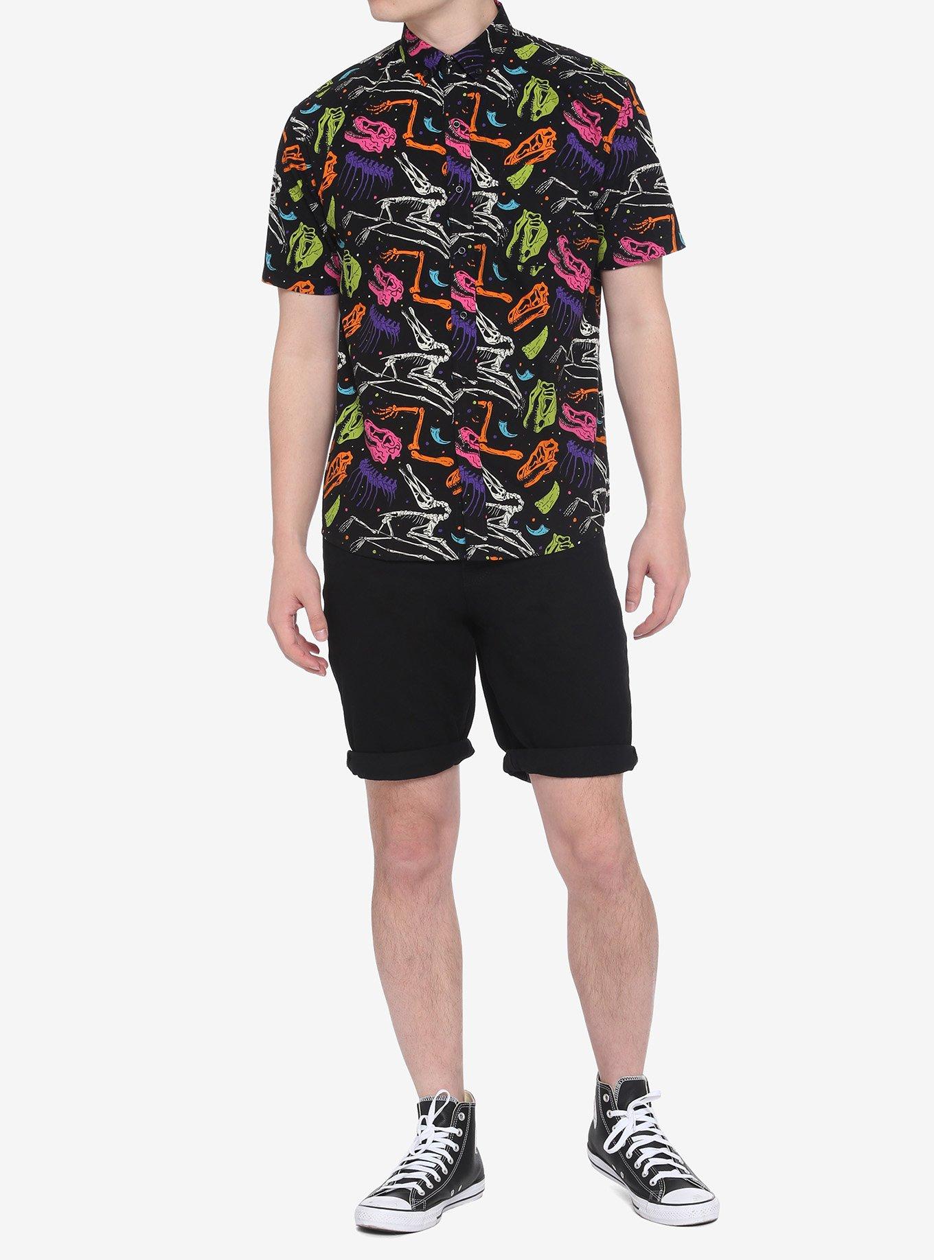 Neon Dinosaur Bones Woven Button-Up, BLACK, alternate