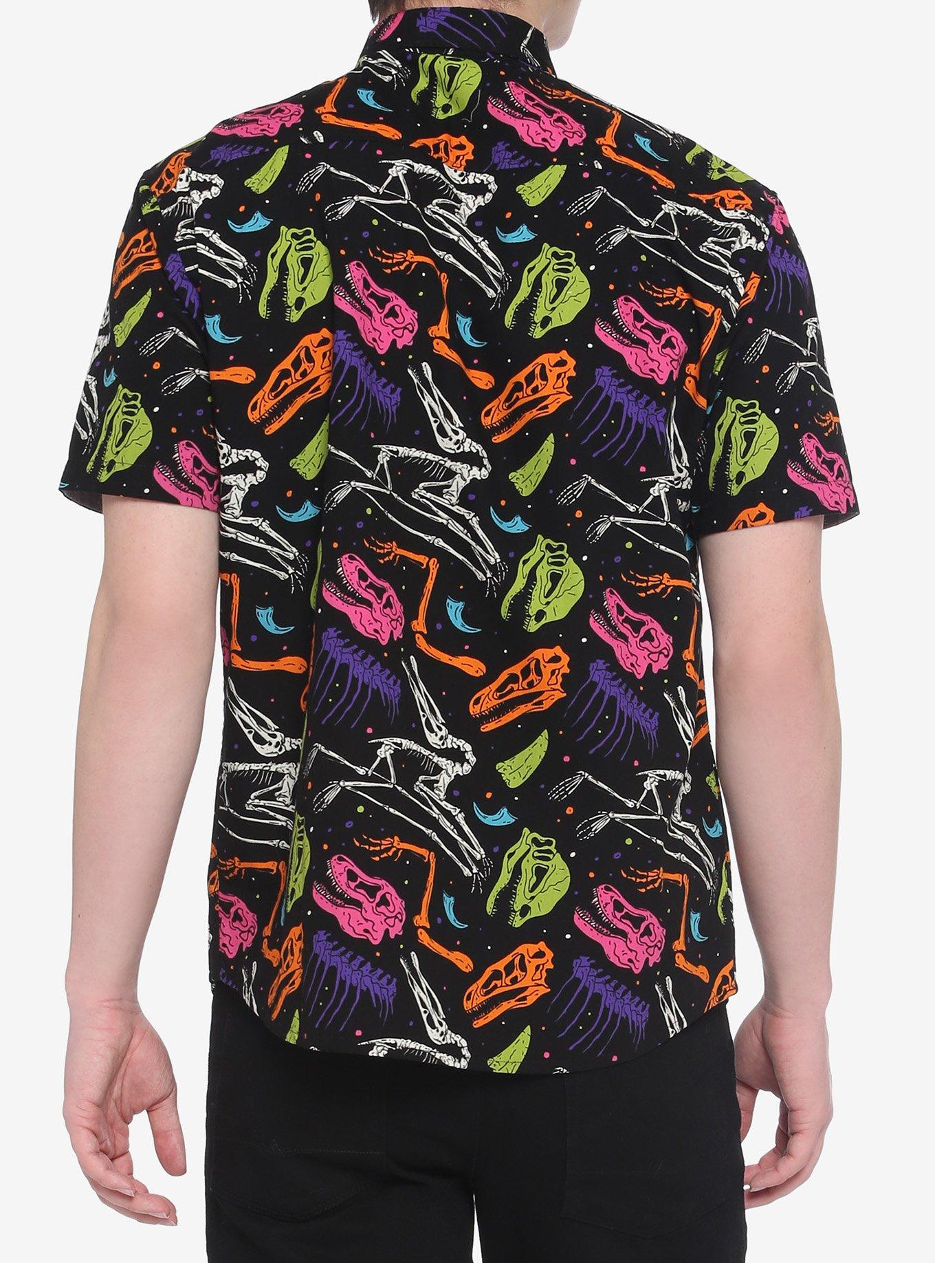 Neon Dinosaur Bones Woven Button-Up, BLACK, alternate