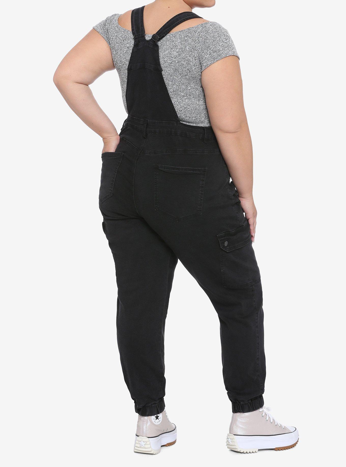 Black Destructed Cargo Overalls Plus Size, BLACK, alternate