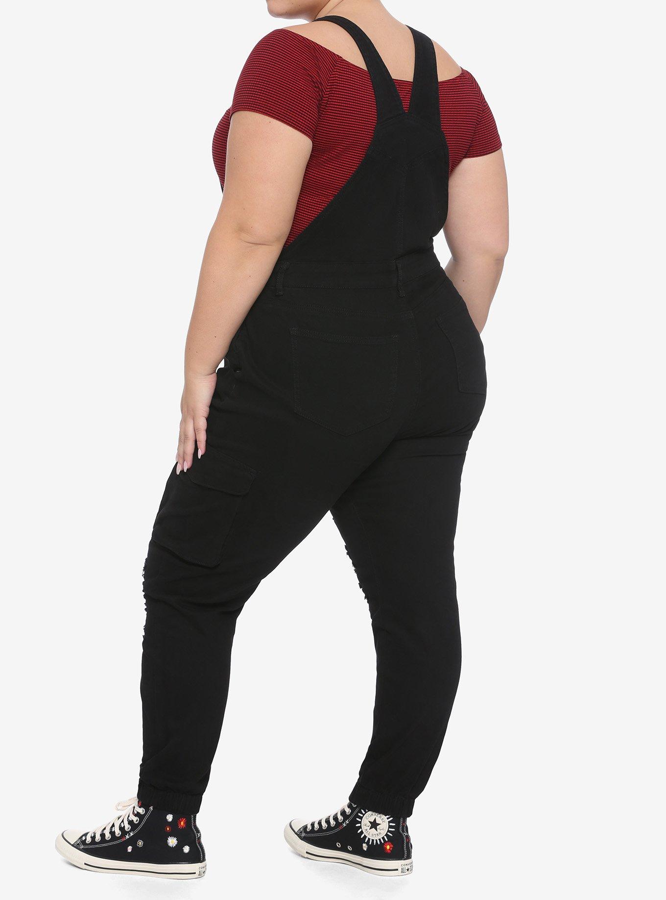 Black Super Destructed Cargo Overalls Plus Size, BLACK, alternate