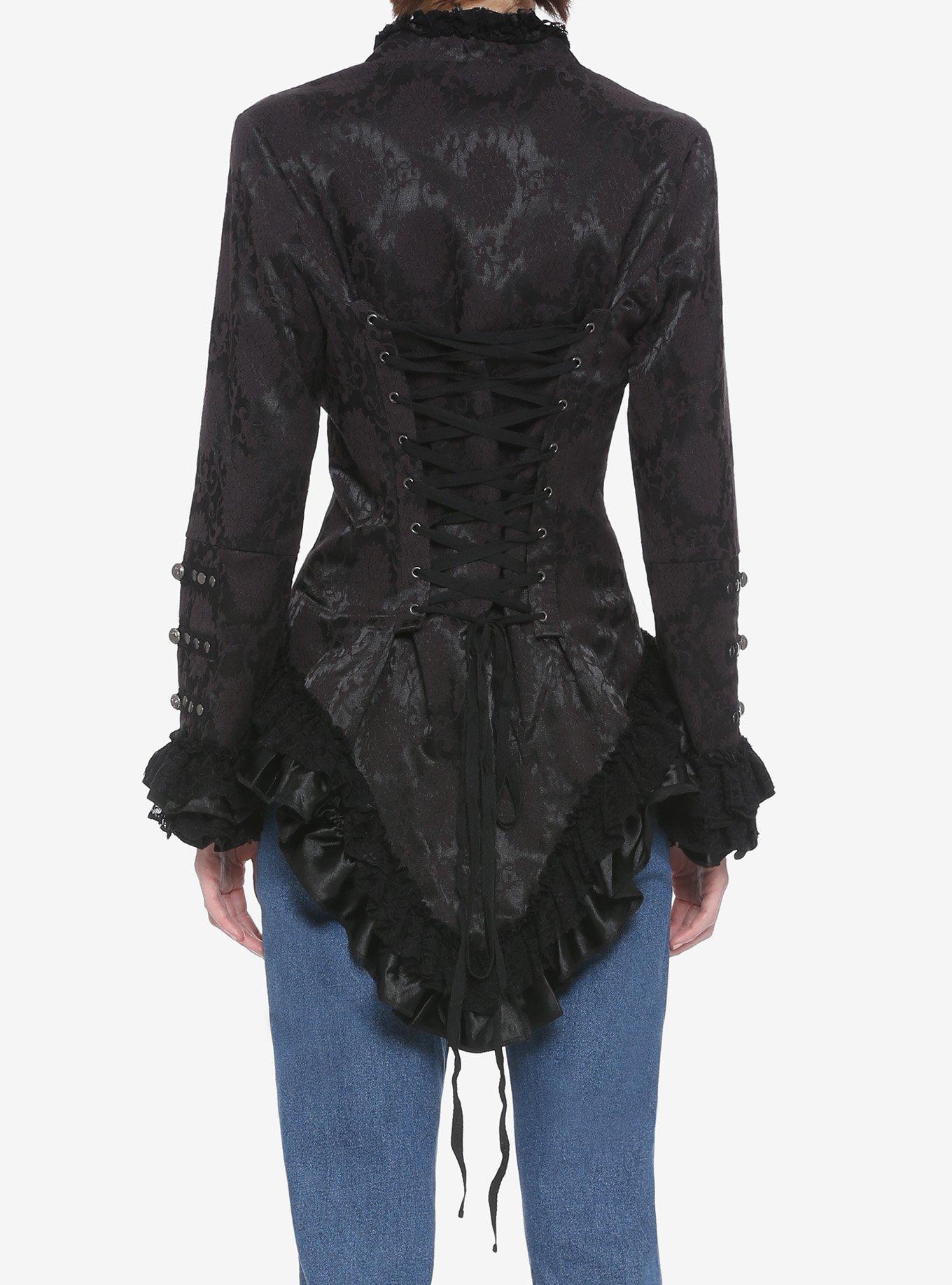 Black Brocade Lace-Up Girls Jacket, BLACK, alternate - view 2