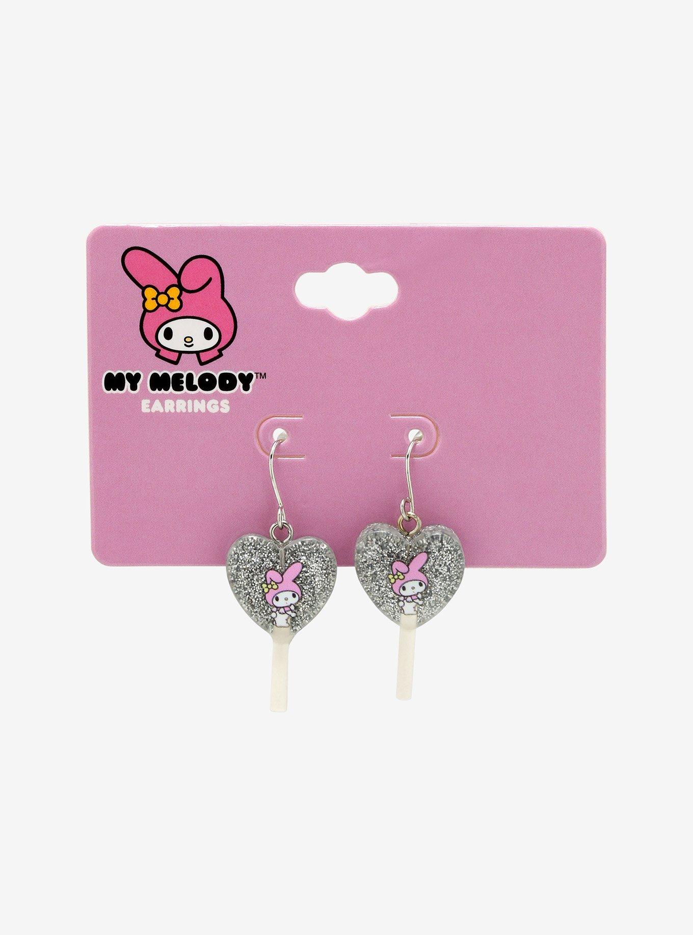 My Melody Glitter Heart Lollipop Drop Earrings, , alternate