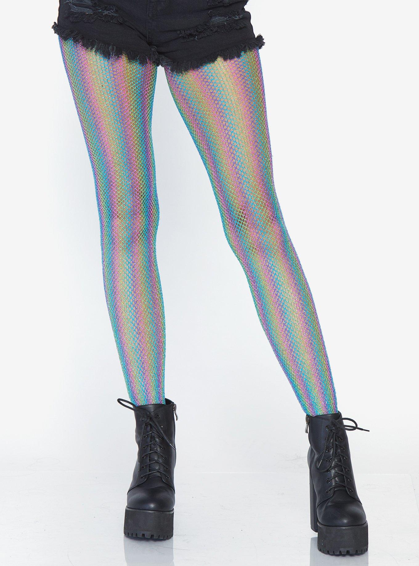 Lurex Shimmer Rainbow Striped Fishnet Tights Blue, , hi-res