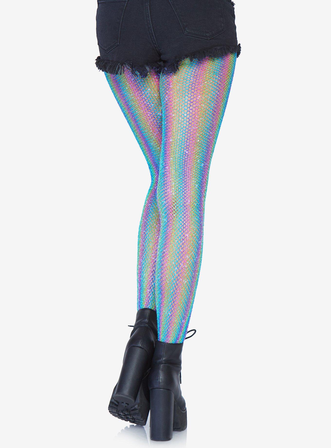 Lurex Shimmer Rainbow Striped Fishnet Tights Blue, , alternate