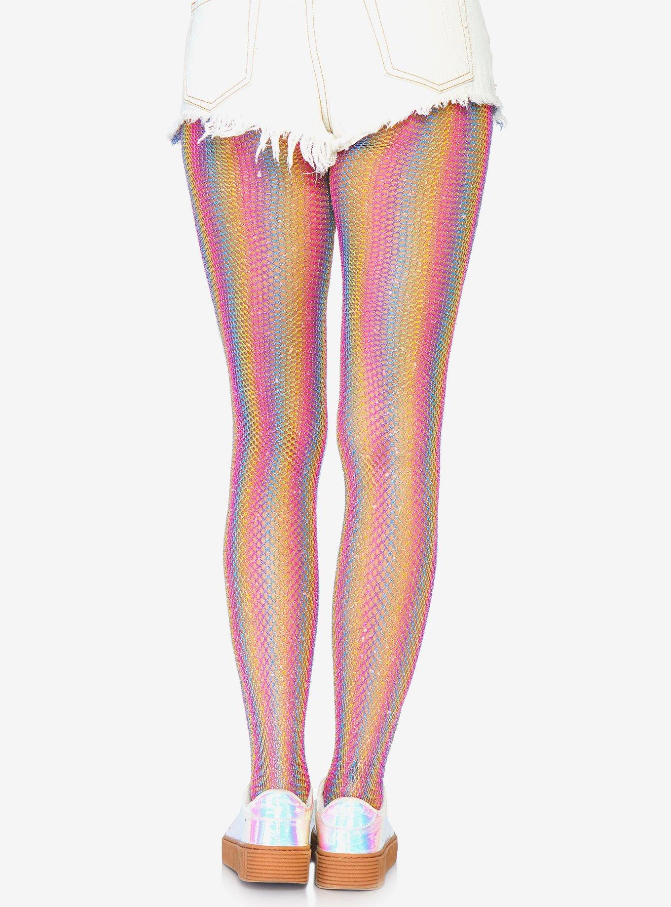 Lurex Shimmer Rainbow Striped Fishnet Tights Blue