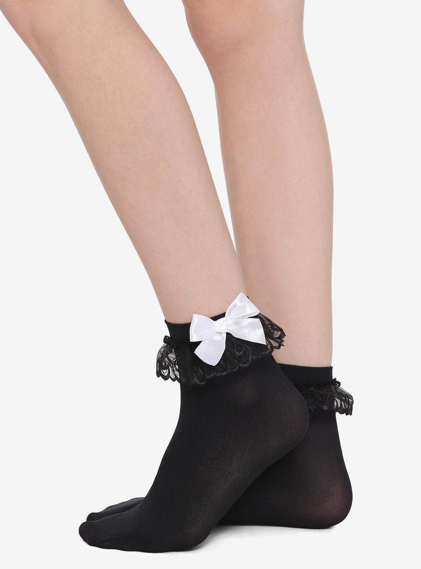 Black Lace Ruffle White Bow Ankle Socks, , alternate