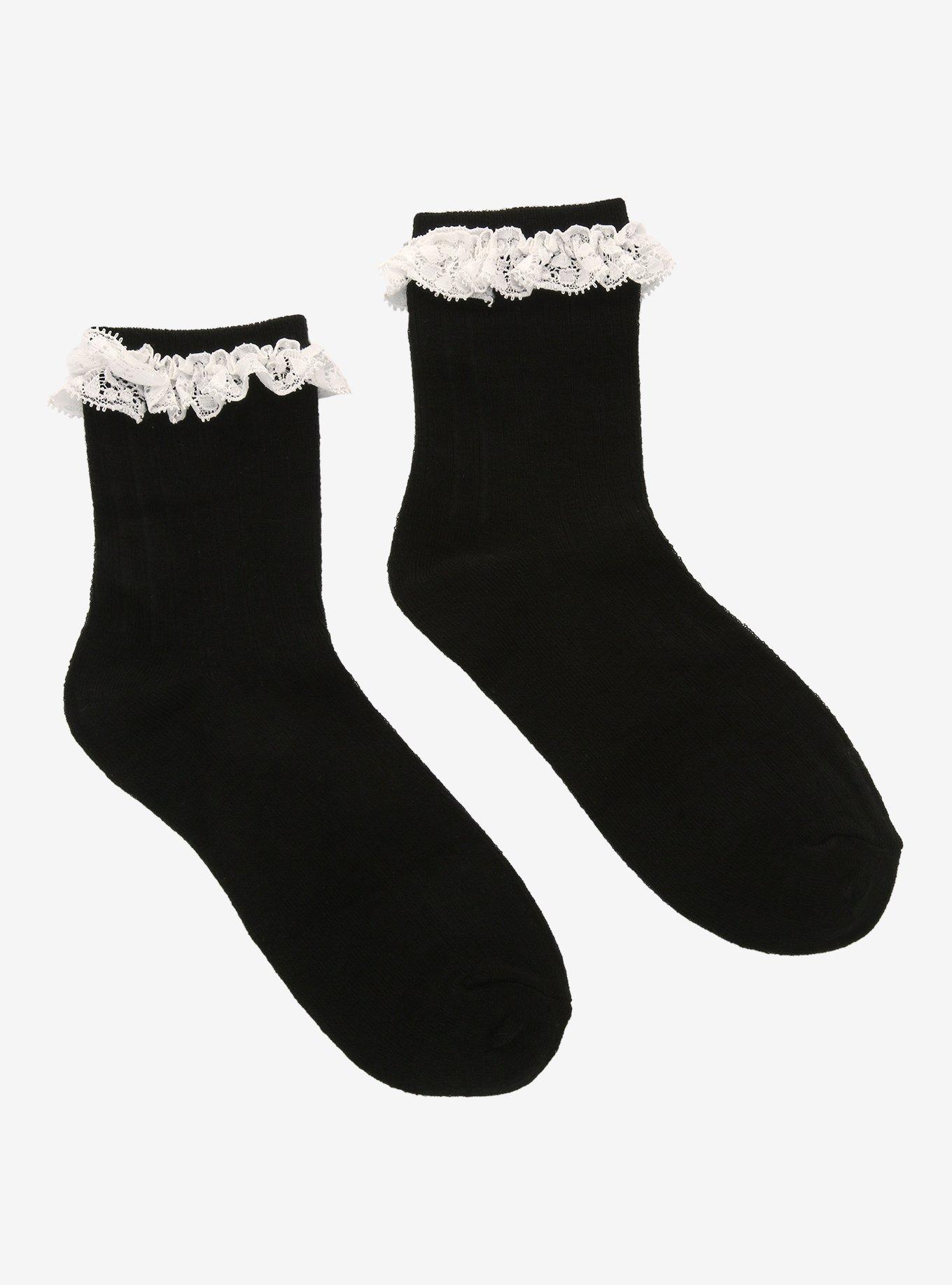 Black & White Lace Ankle Socks, , alternate