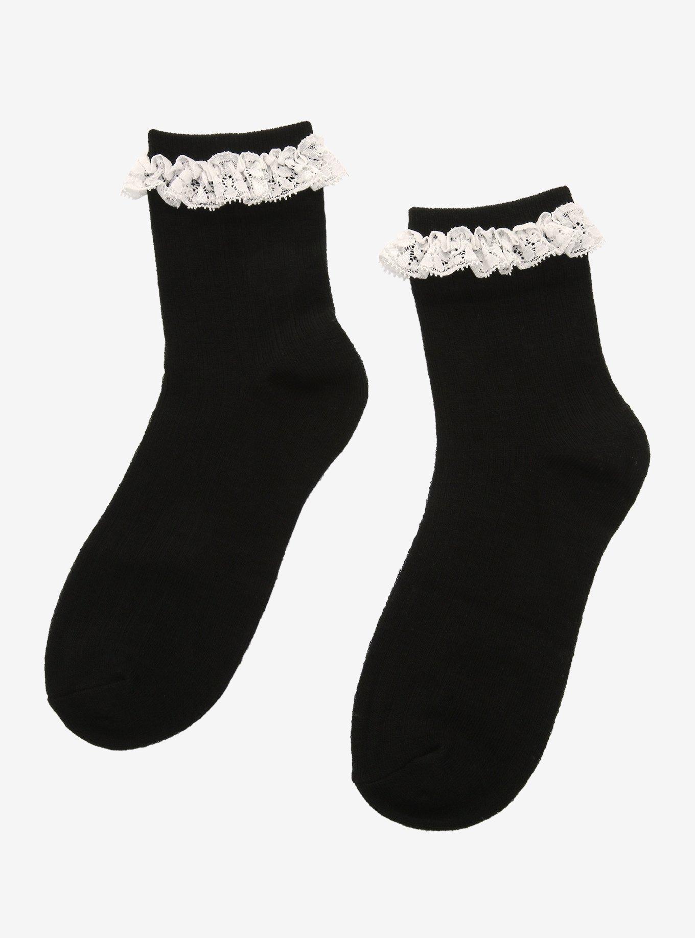 Black & White Lace Ankle Socks, , alternate