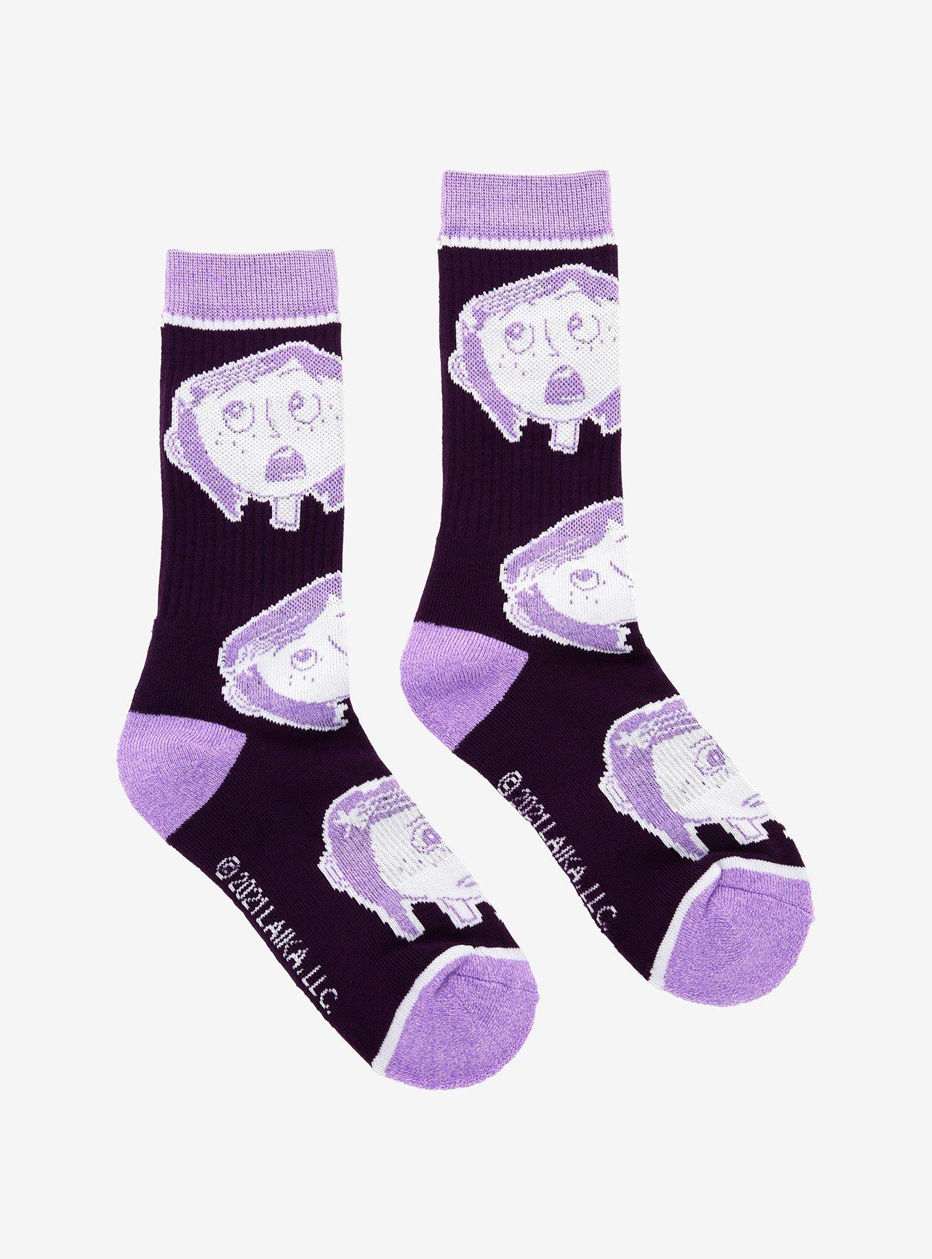 Coraline Purple Faces Crew Socks, , alternate