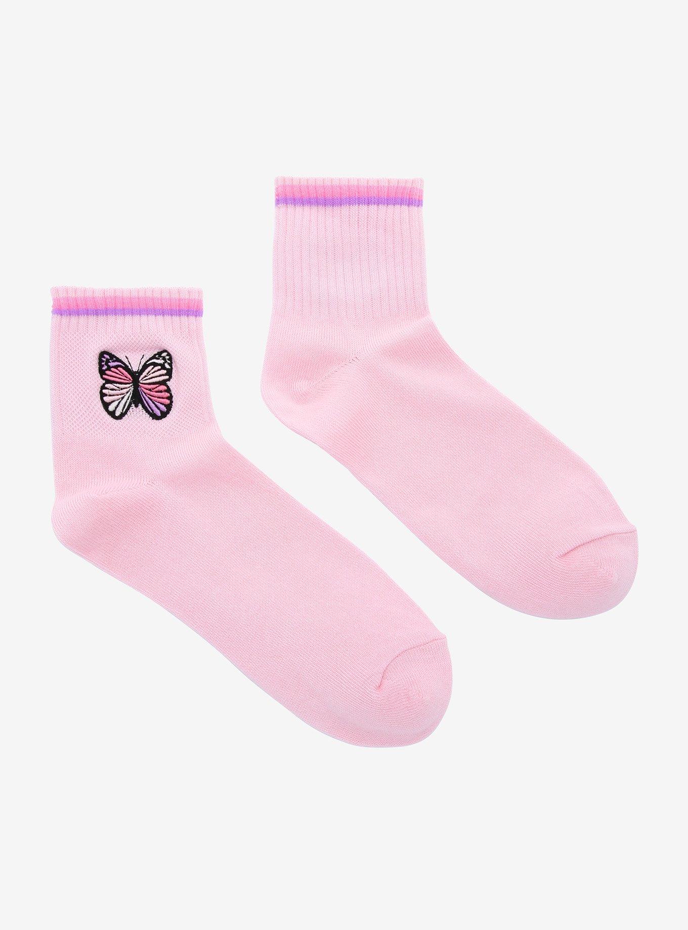 Pink Butterfly Embroidered Ankle Socks, , alternate