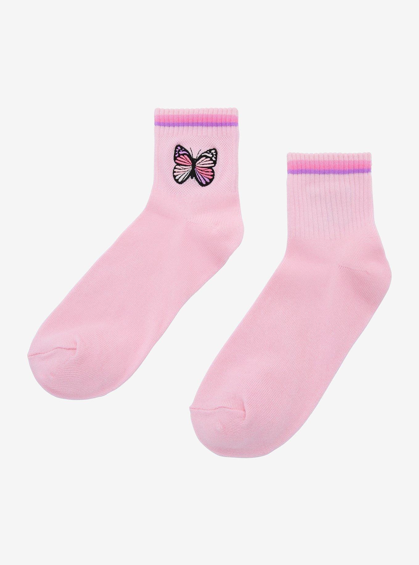 Pink Butterfly Embroidered Ankle Socks, , alternate