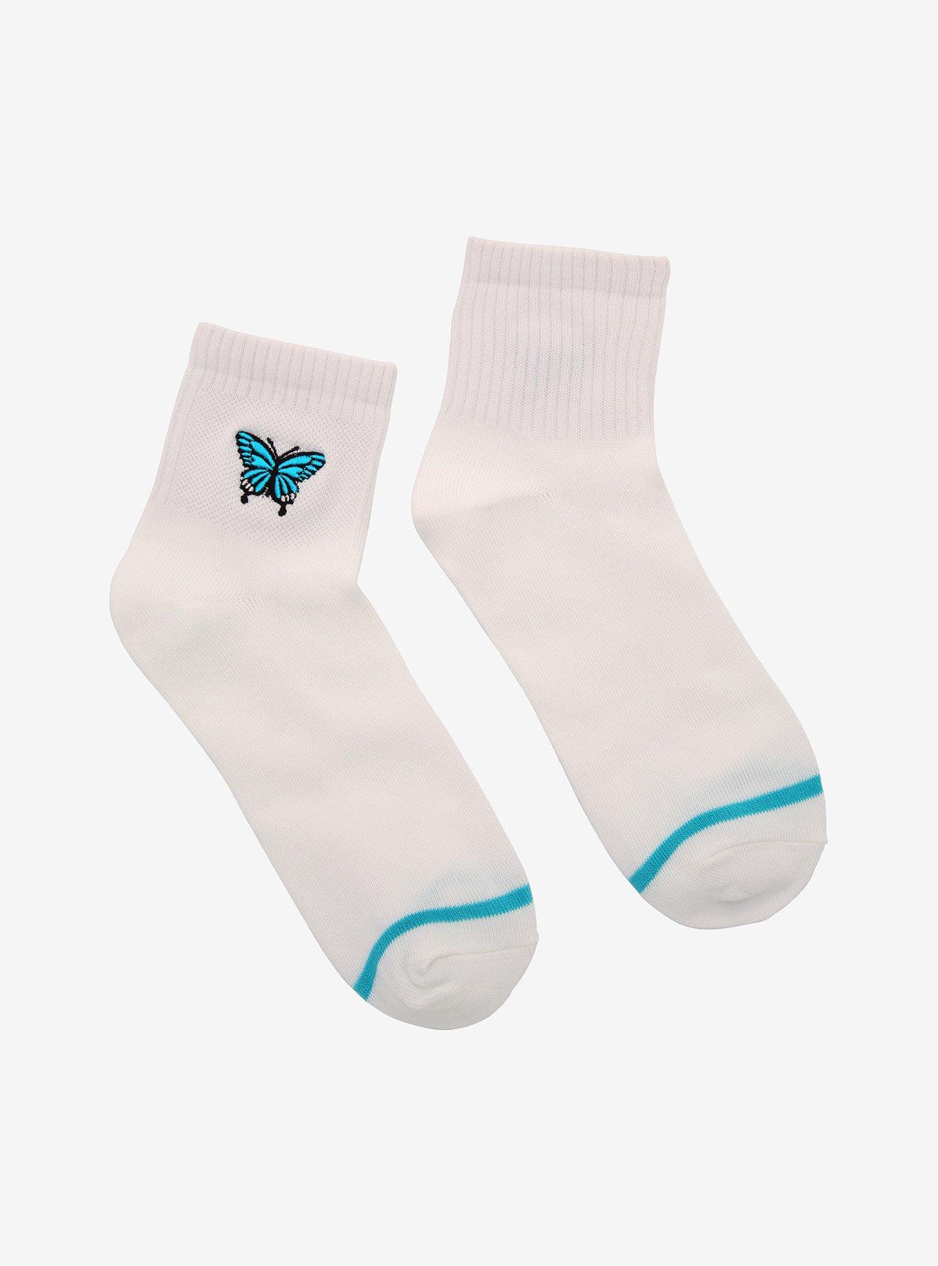 Blue Butterfly Embroidered Ankle Socks, , alternate