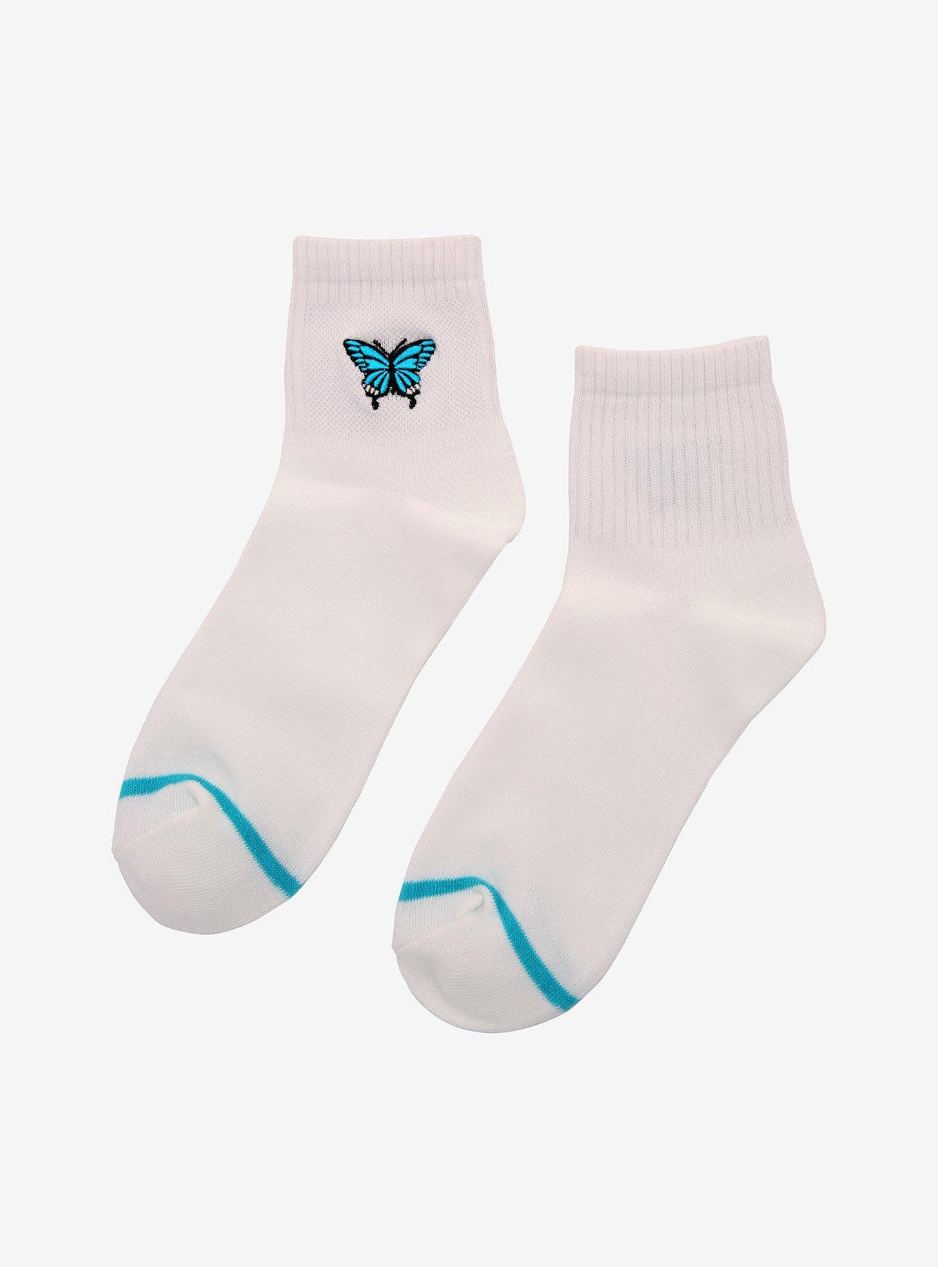 Blue Butterfly Embroidered Ankle Socks, , alternate