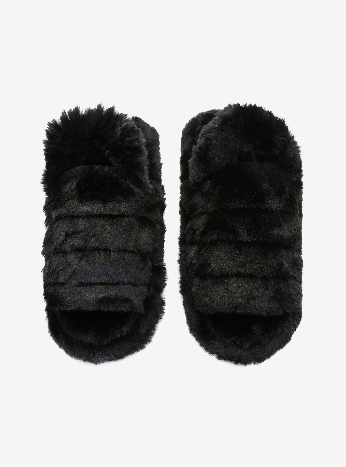 Black Fuzzy Cozy Slide Slippers, , alternate