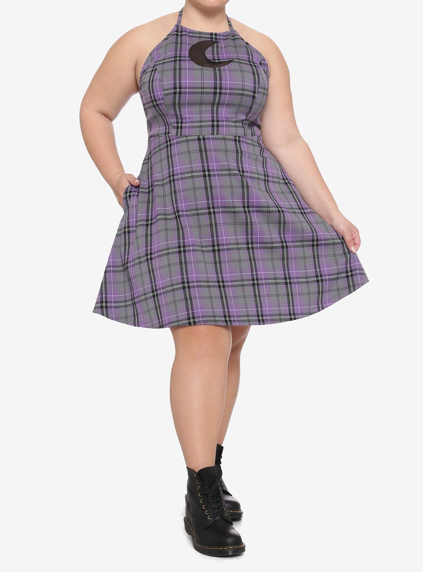 Purple Plaid Moon Cutout Halter Dress Plus Size, , alternate