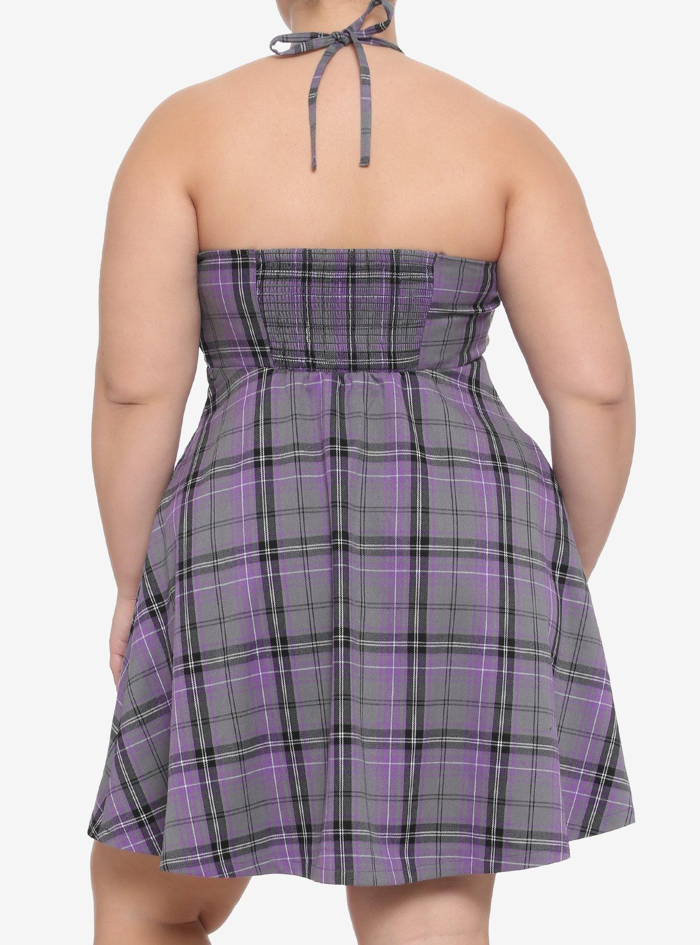 Purple Plaid Moon Cutout Halter Dress, , alternate