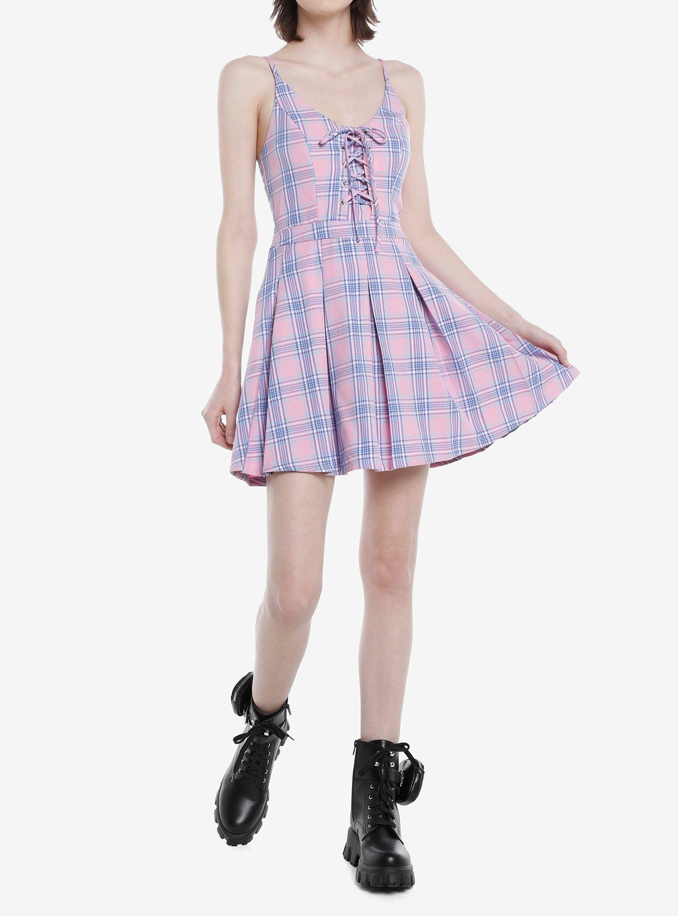 Pink & Purple Plaid Lace-Up Dress, PLAID - PINK, alternate