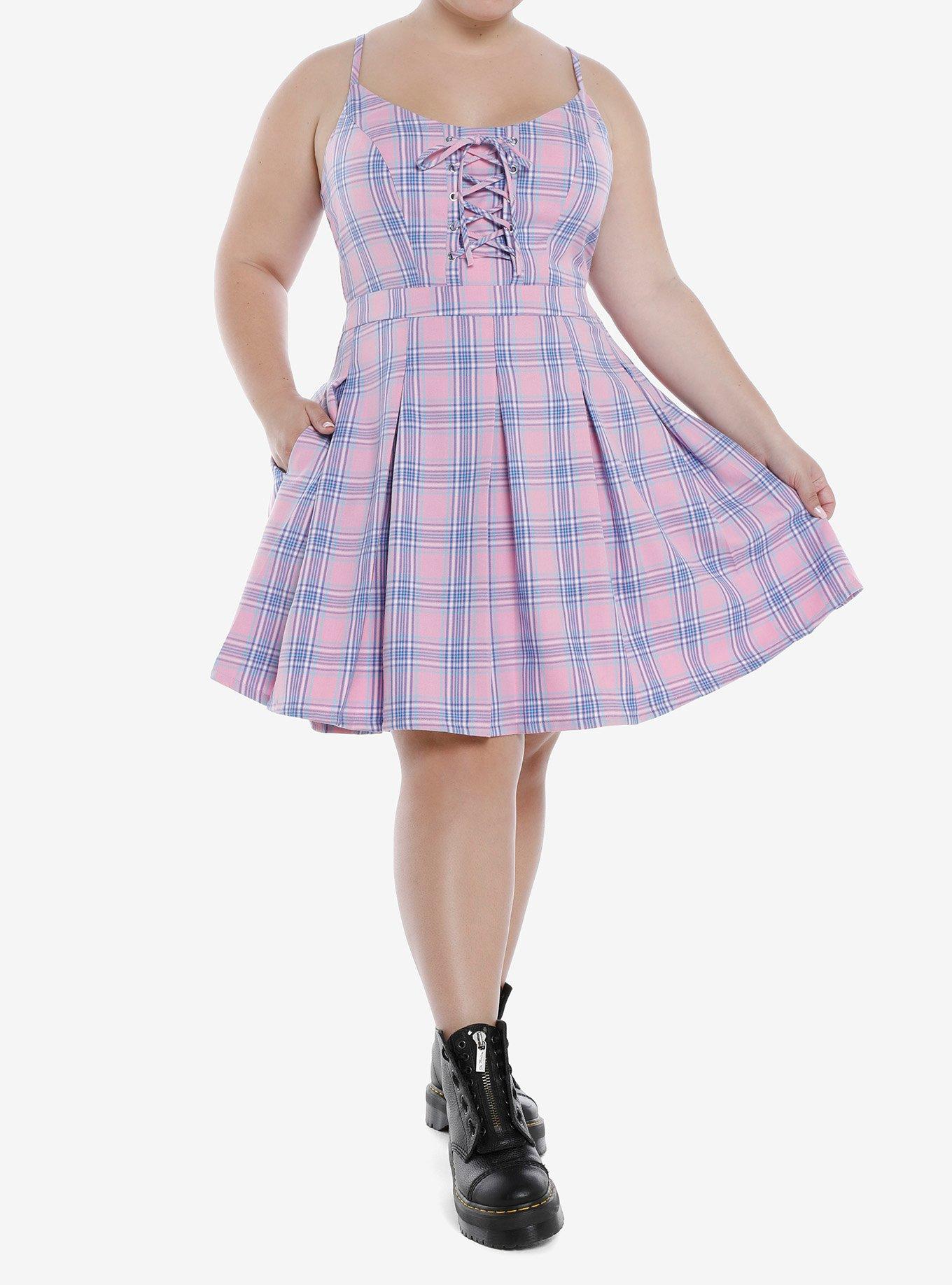 Pink & Purple Plaid Lace-Up Dress Plus Size, PLAID - PINK, alternate