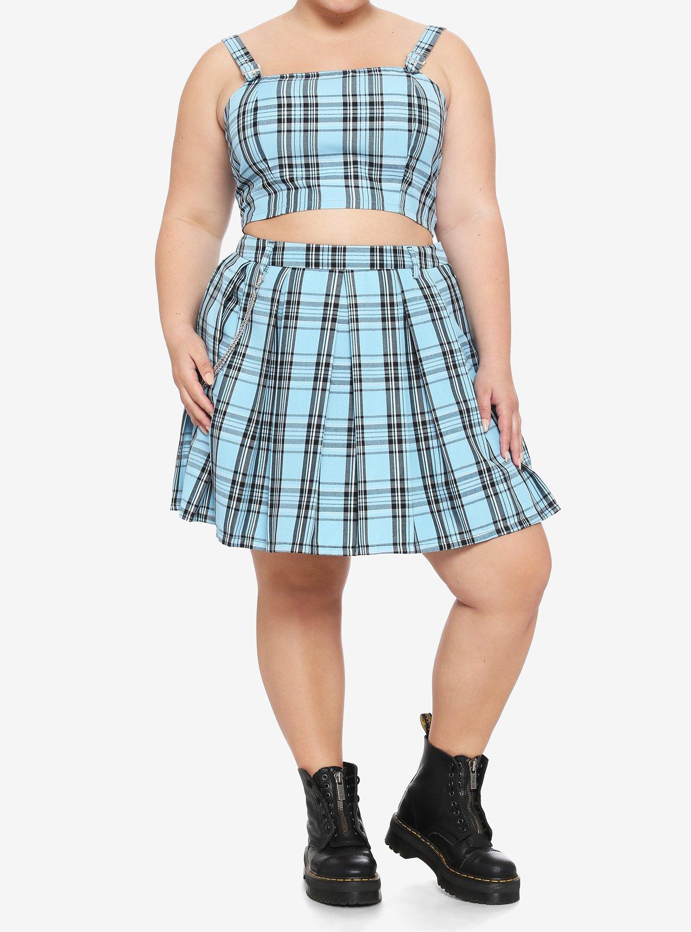 Blue & Black Plaid Buckle Strap Girls Crop Top Plus Size, , alternate