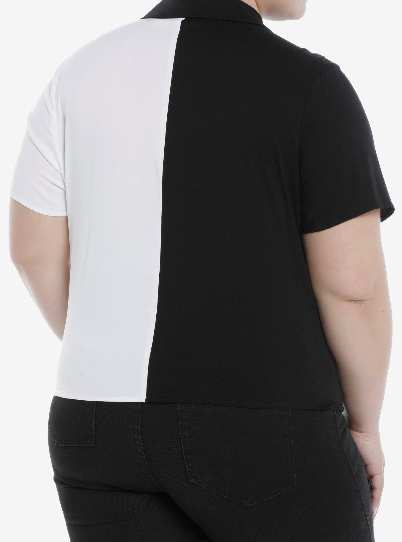 Black & White Split Tie-Front Girls Woven Button-Up Plus Size, MULTI, alternate