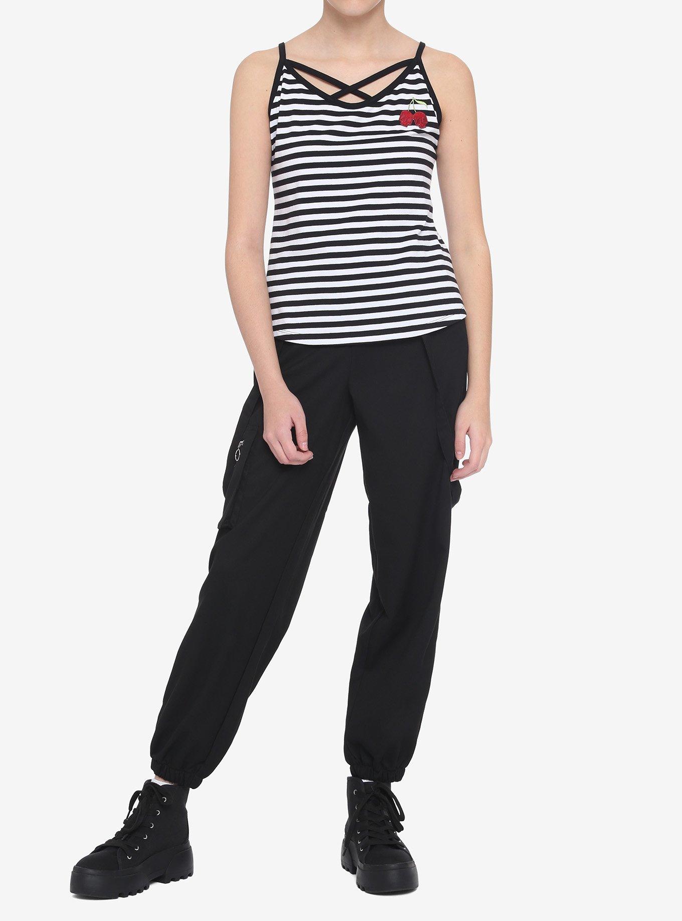 Cherry Skull Black & White Stripe Girls Strappy Crop Tank Top, STRIPE - MULTI, alternate