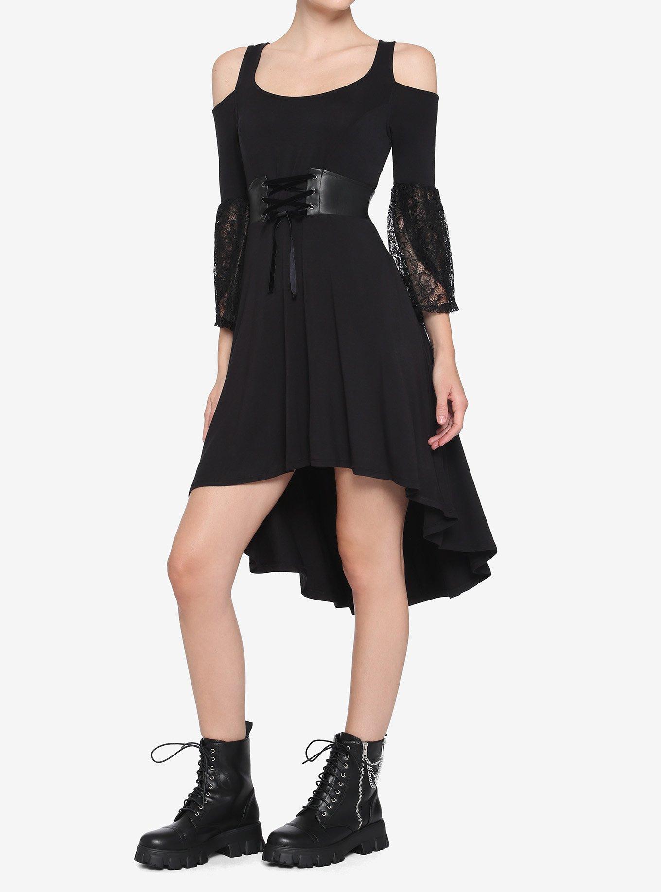 Black Lace Cold Shoulder Hi-Low Dress, BLACK, alternate