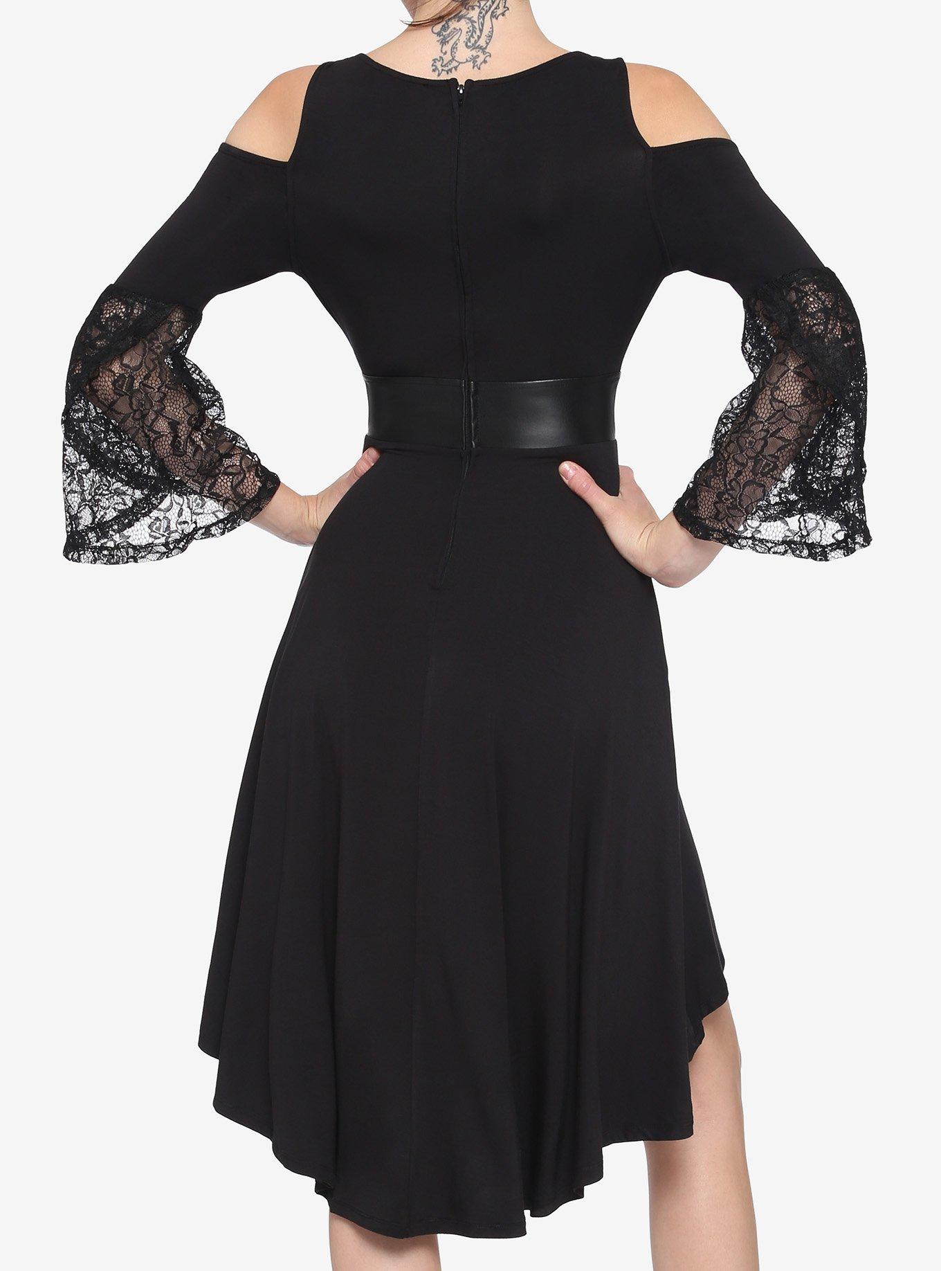 Black Lace Cold Shoulder Hi-Low Dress, BLACK, alternate