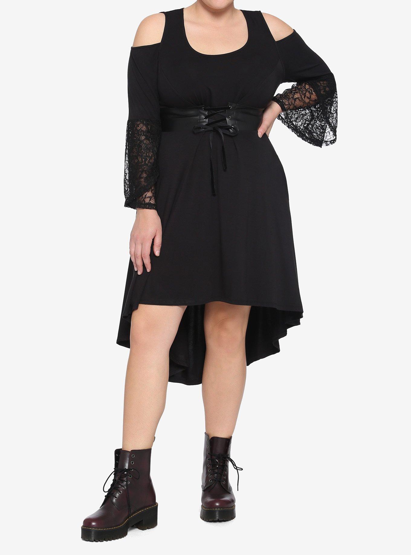 Black Lace Cold Shoulder Hi-Low Dress Plus Size, BLACK, alternate