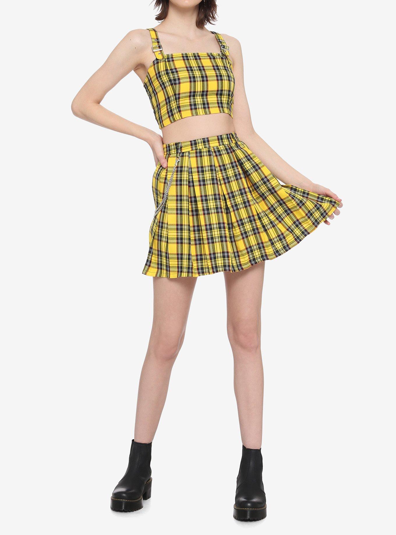 Yellow Plaid Pleated Chain Skirt, PLAID - YELLOW, alternate