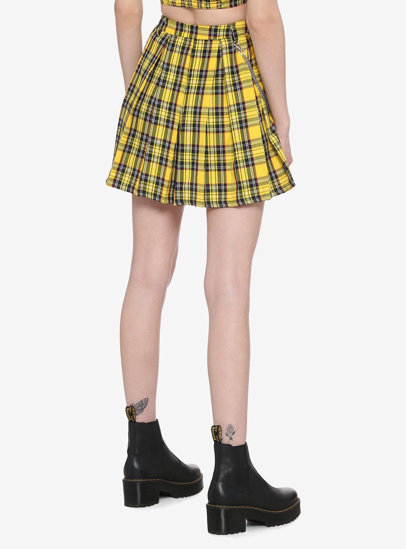 Yellow Plaid Pleated Chain Skirt, PLAID - YELLOW, alternate