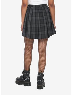 Black & Grey Plaid Buckle Asymmetrical Pleated Skirt, , hi-res