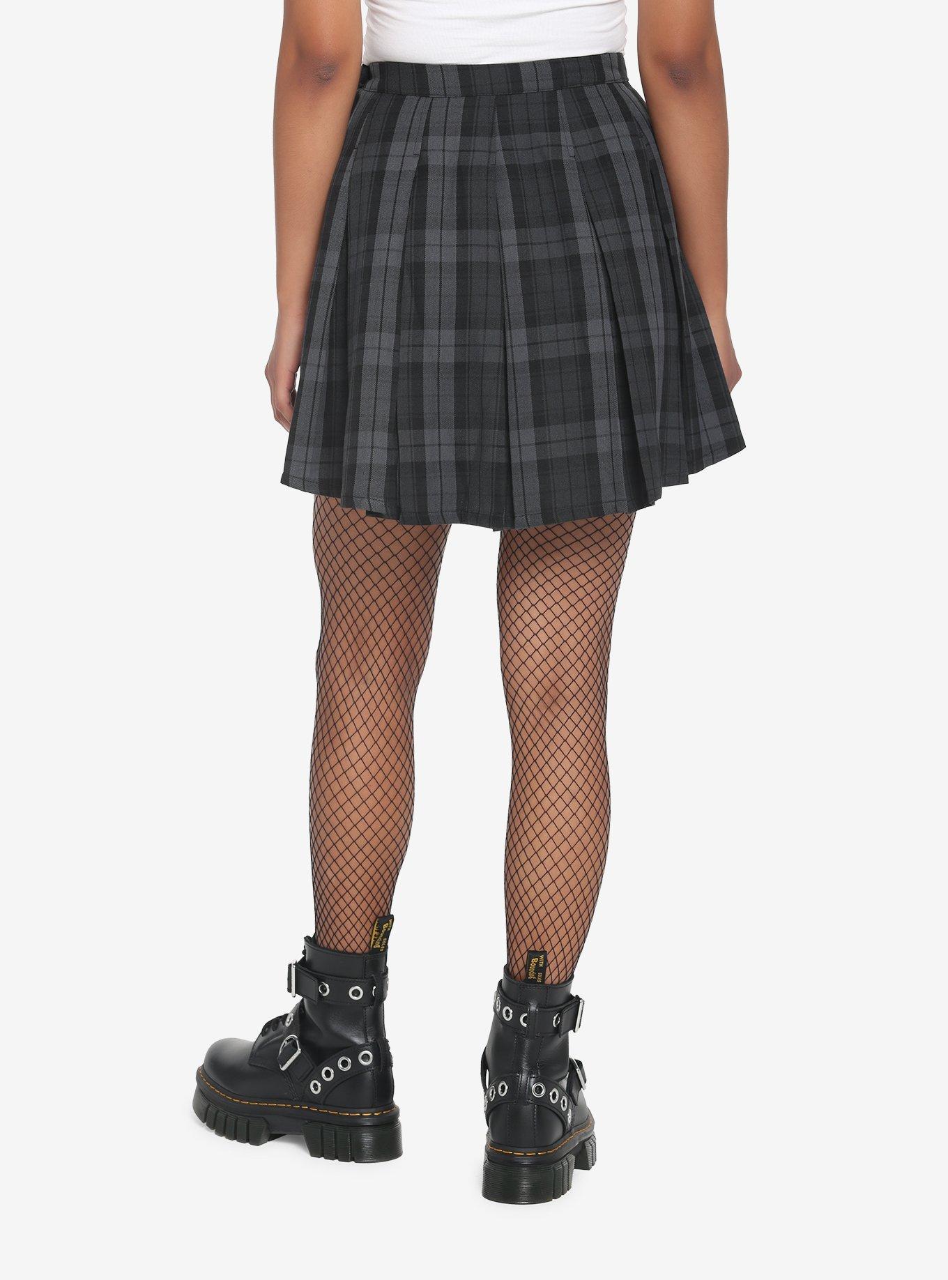 Black & Grey Plaid Buckle Asymmetrical Pleated Skirt, PLAID - GREY, alternate