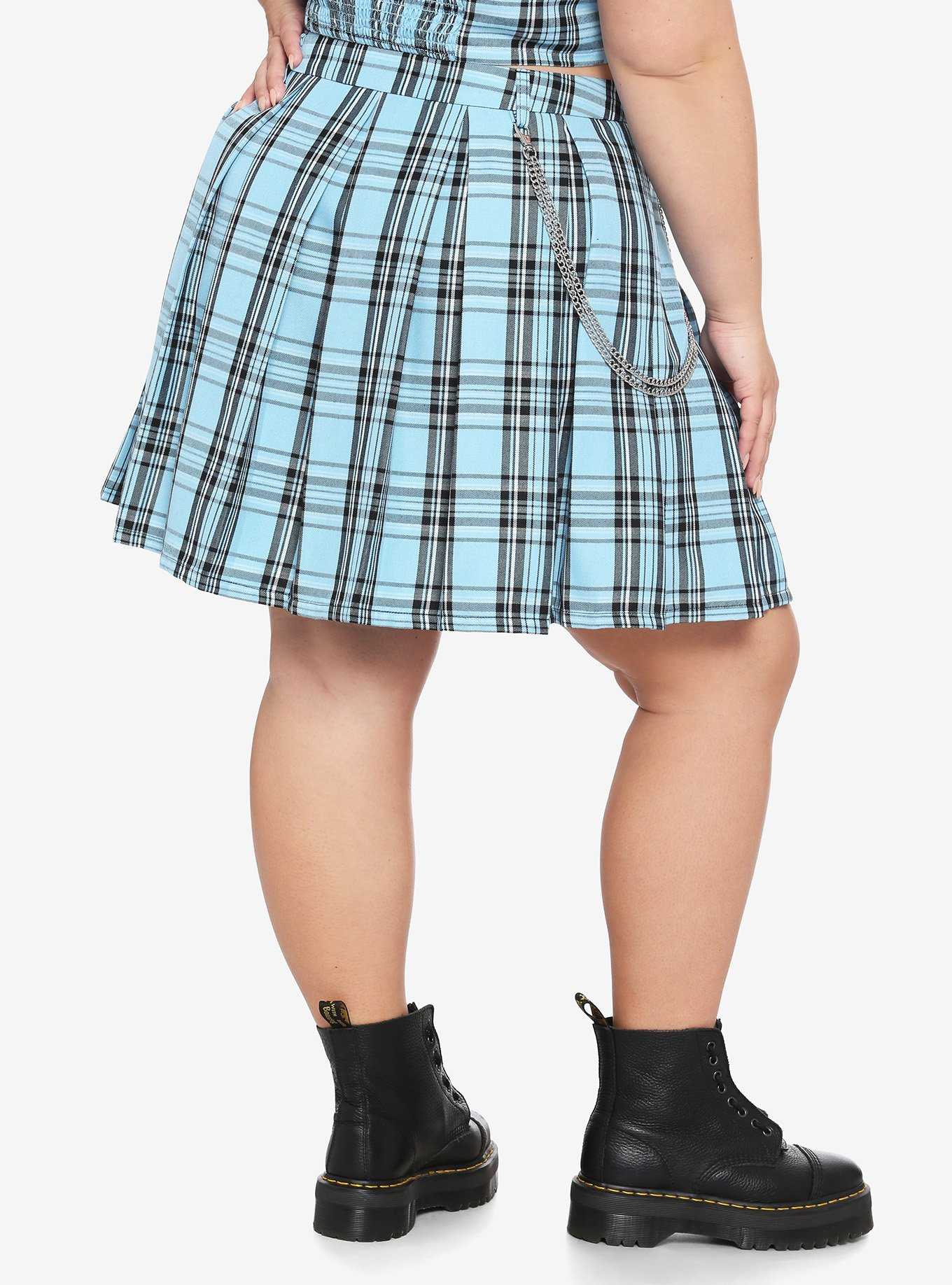 Light Blue Plaid Pleated Chain Skirt Plus Size, , hi-res