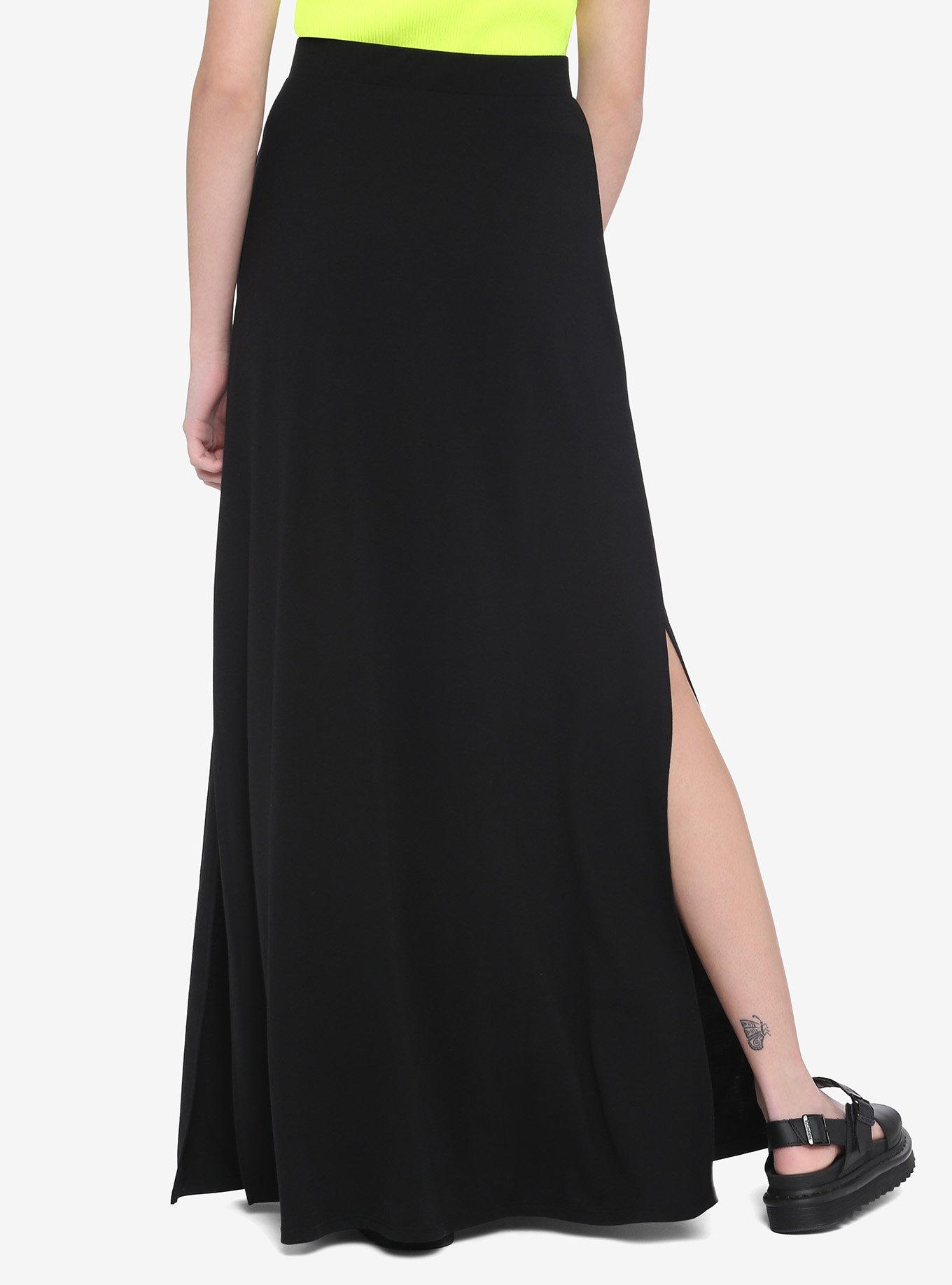 Black Side Slit Maxi Skirt, BLACK, alternate