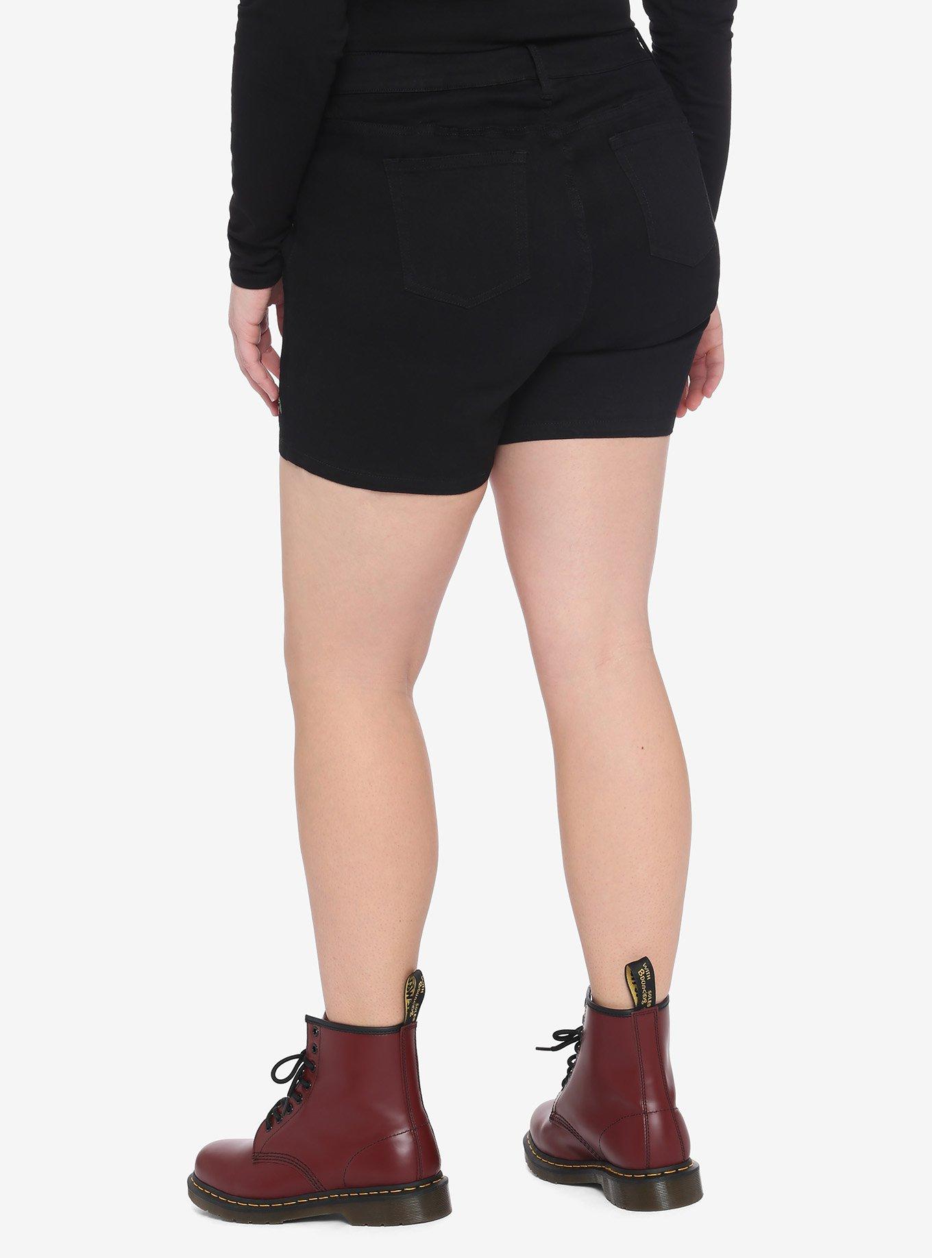 Skull Cherries Embroidered Ultra Hi-Rise Black Denim Shorts Plus Size, CHERRY BOMB, alternate