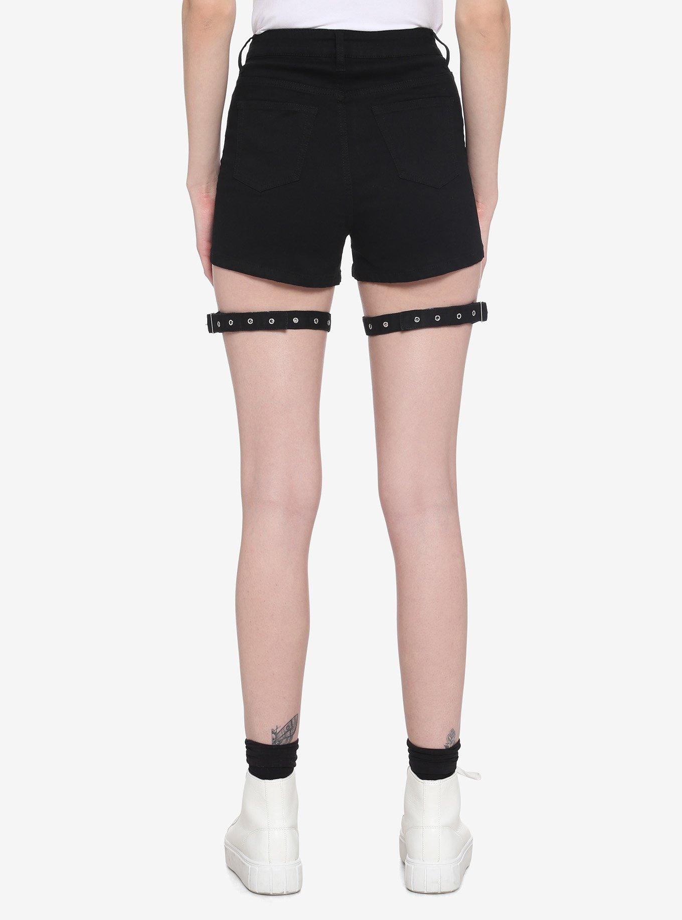 Grommet Garter Ultra Hi-Rise Black Denim Shorts, BLACK, alternate