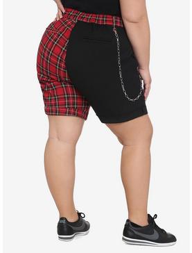 Black & Red Plaid Split Bermuda Shorts With Detachable Chain Plus Size, , hi-res